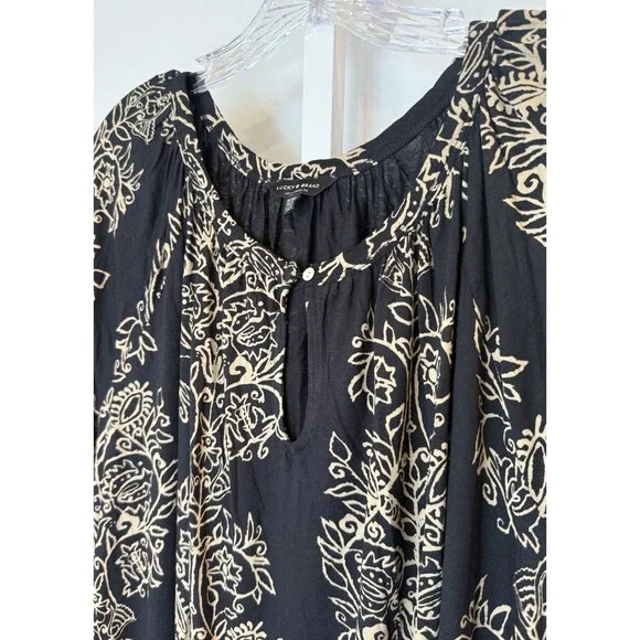 Lucky Brand Women’s 1X Black Beige Floral Boho Peasant Tunic Top Blouse - Picture 8 of 12